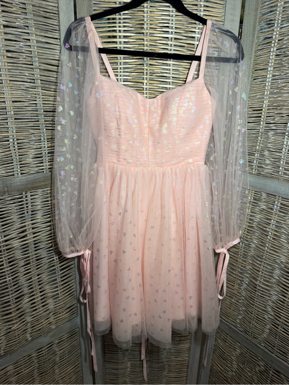 Ava Gowns Pink Tulle Mini Dress with Sheer Heart-Sparkle Overlay - size 4